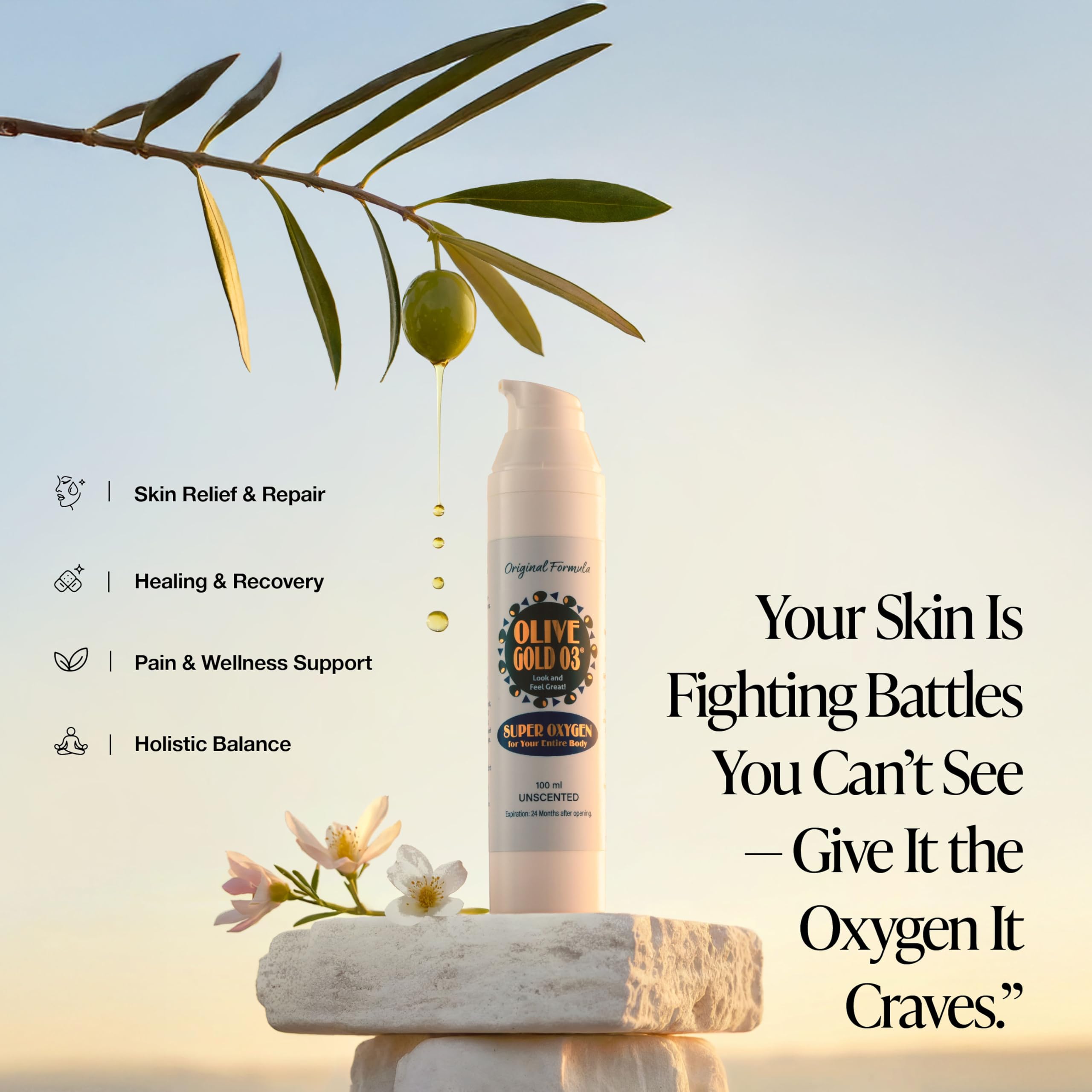 Olive Gold 03, crème visage soigneusement appliquée sur la peau.