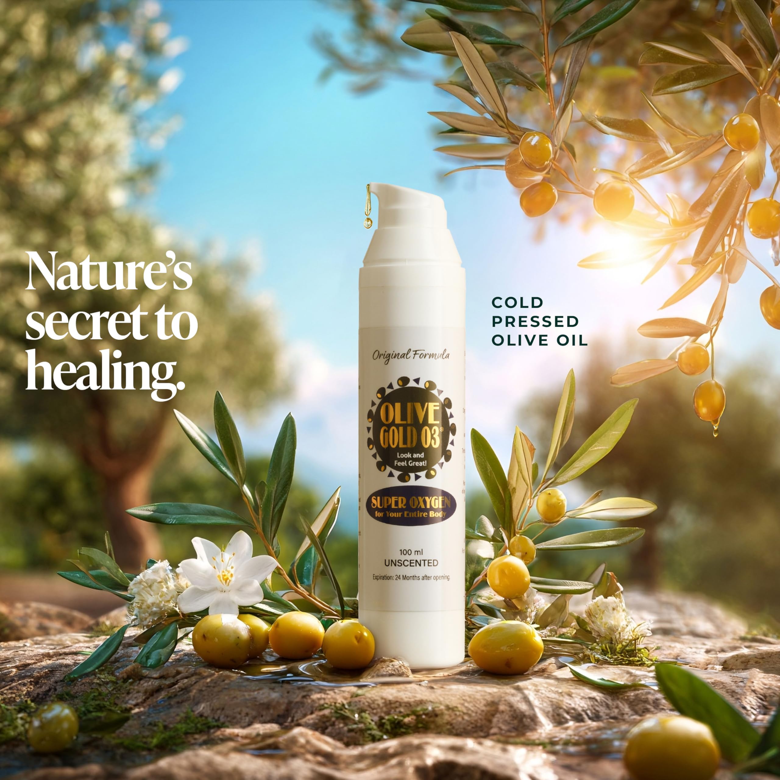 Olive Gold 03, emballage épuré pour une expérience spa à domicile.