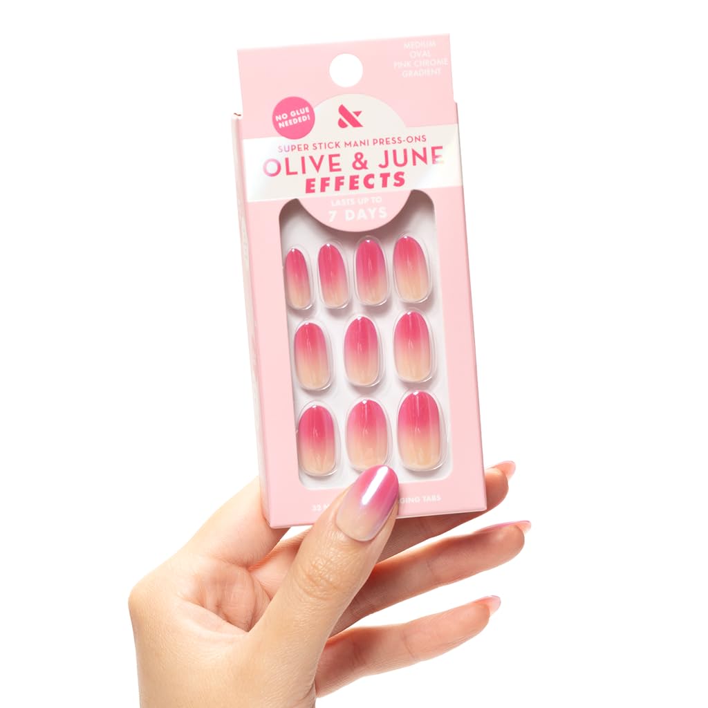 Ongles Olive & June Super Stick Mani, dégradé rose chromé pour un look durable.