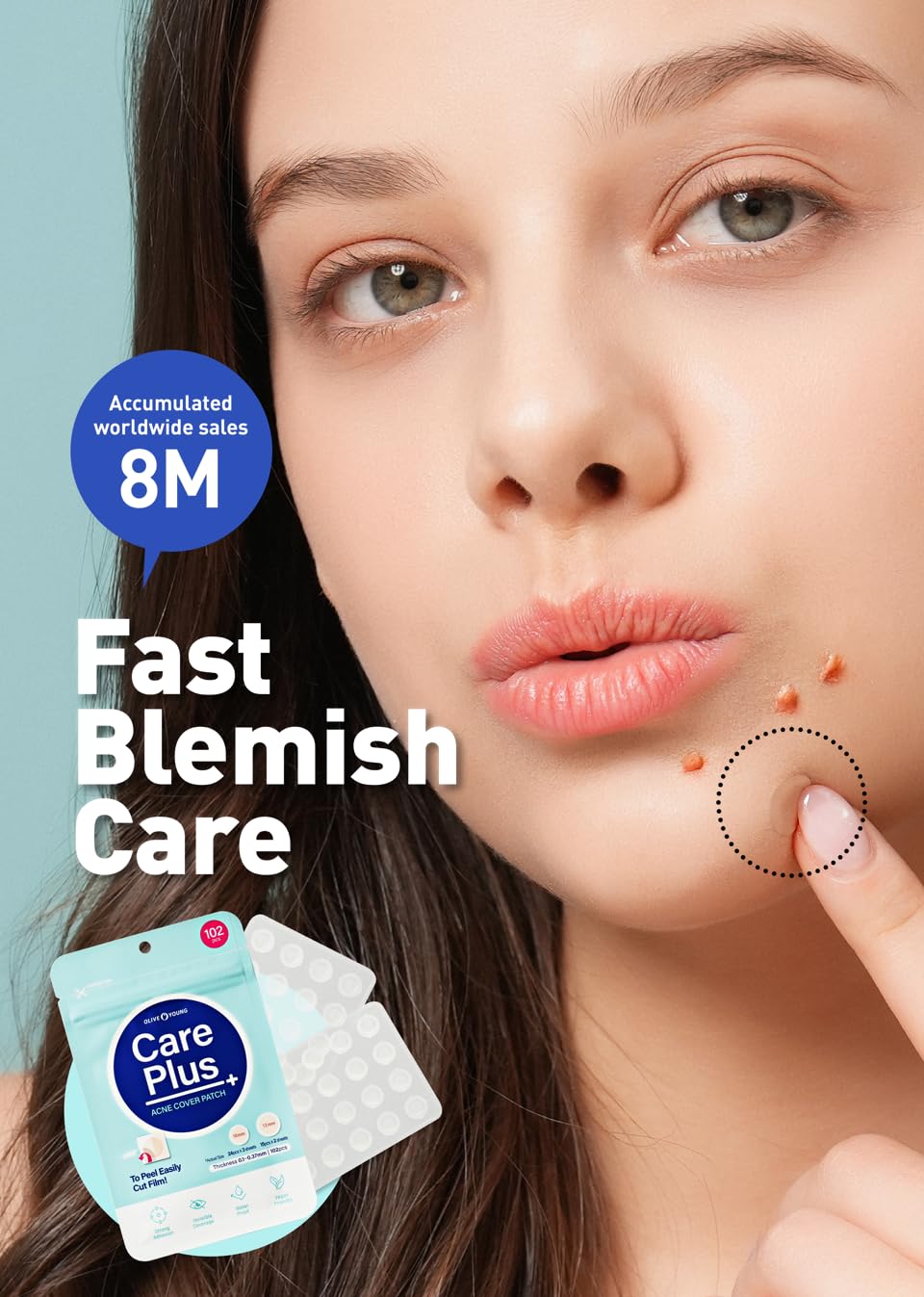 OLIVE YOUNG Care Plus Spot Patch, démonstration sur peau nette avant application.