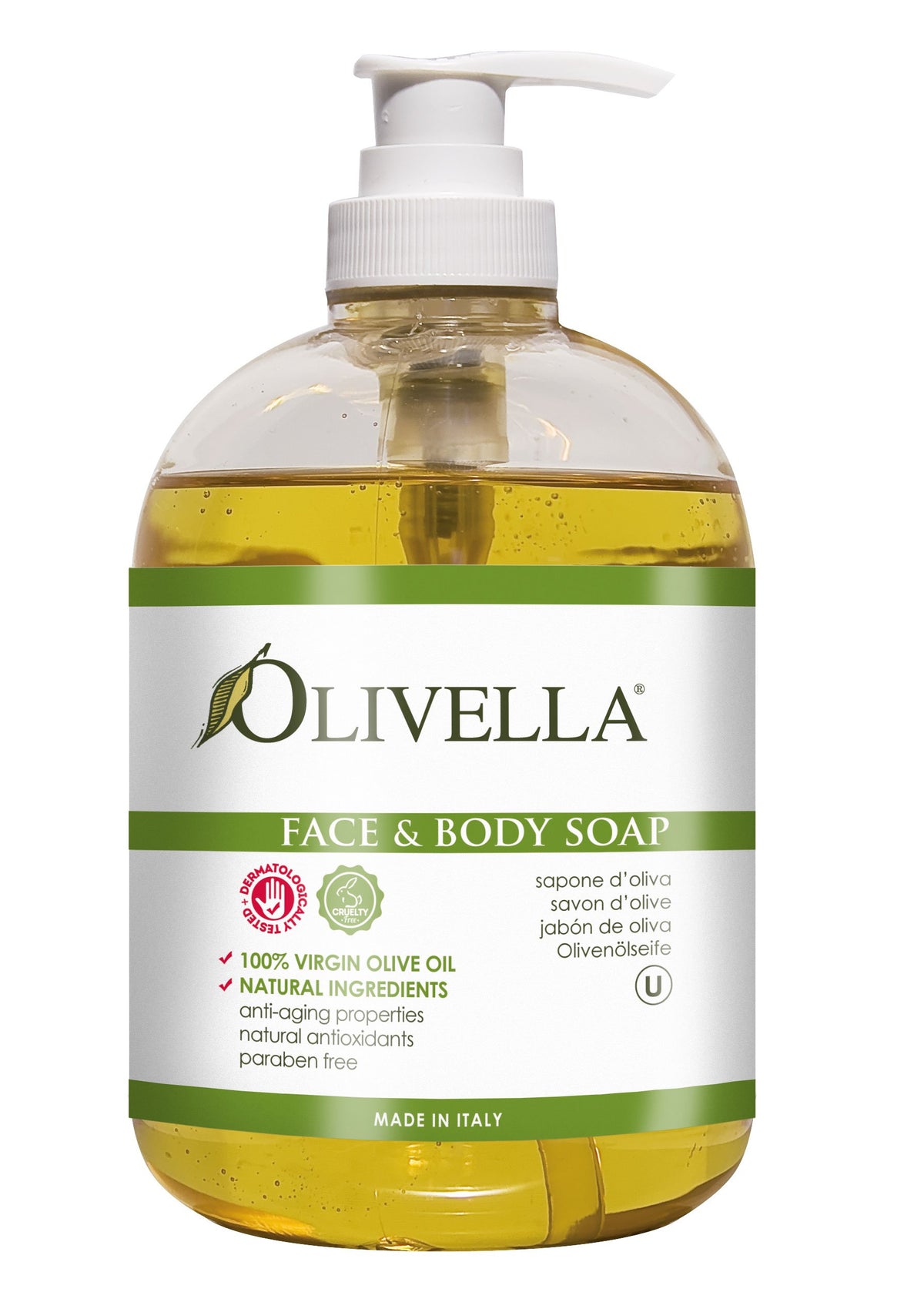 Savon Olivella visage et corps à l'huile d'olive vierge, nettoyage doux et nourrissant.