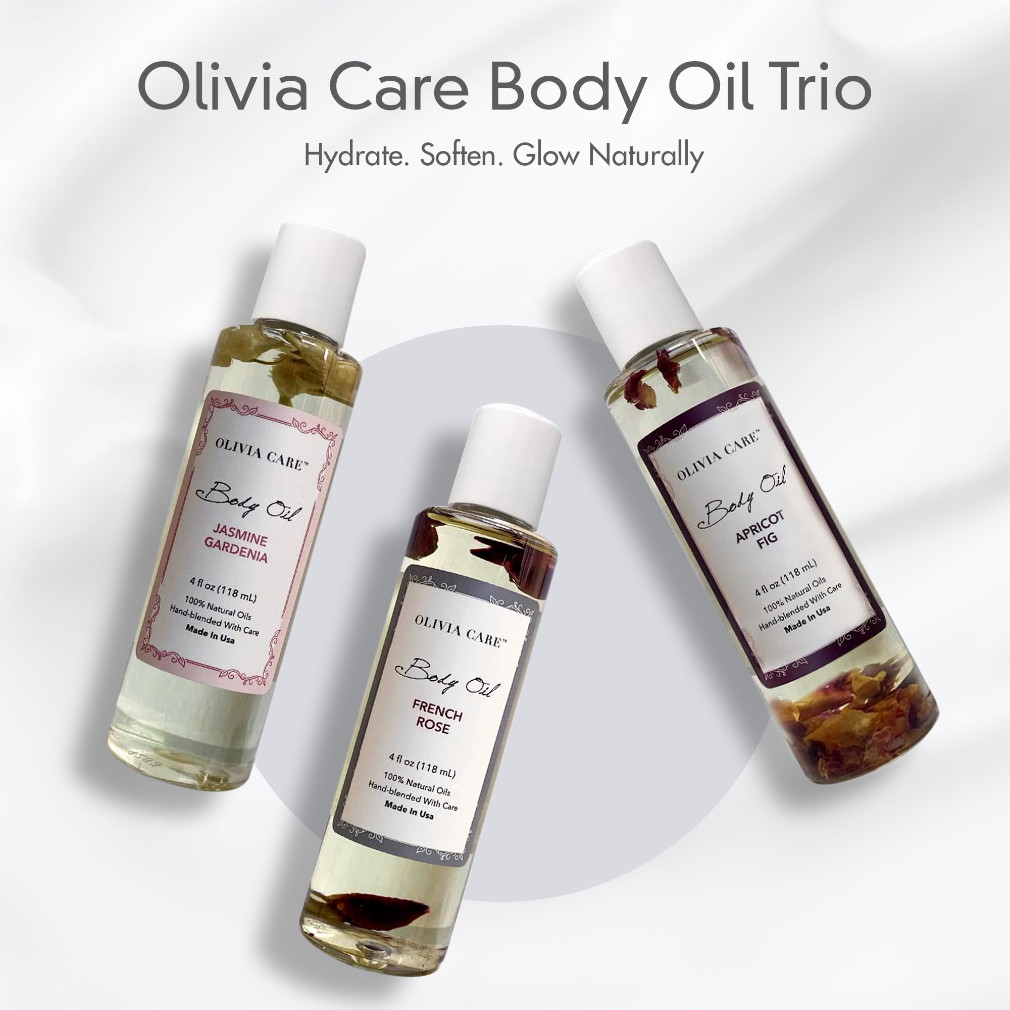 Olivia Care huile pour le corps rose française, bouteille élégante et parfum raffiné