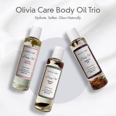 Olivia Care huile pour le corps rose française, bouteille élégante et parfum raffiné