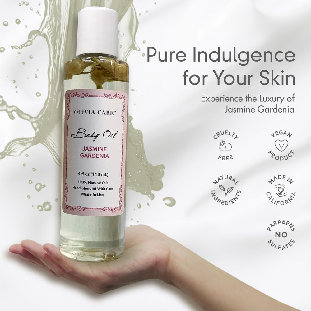 Olivia Care Jasmine Gardenia Body Oil on shelf suggests spa-like self-care.