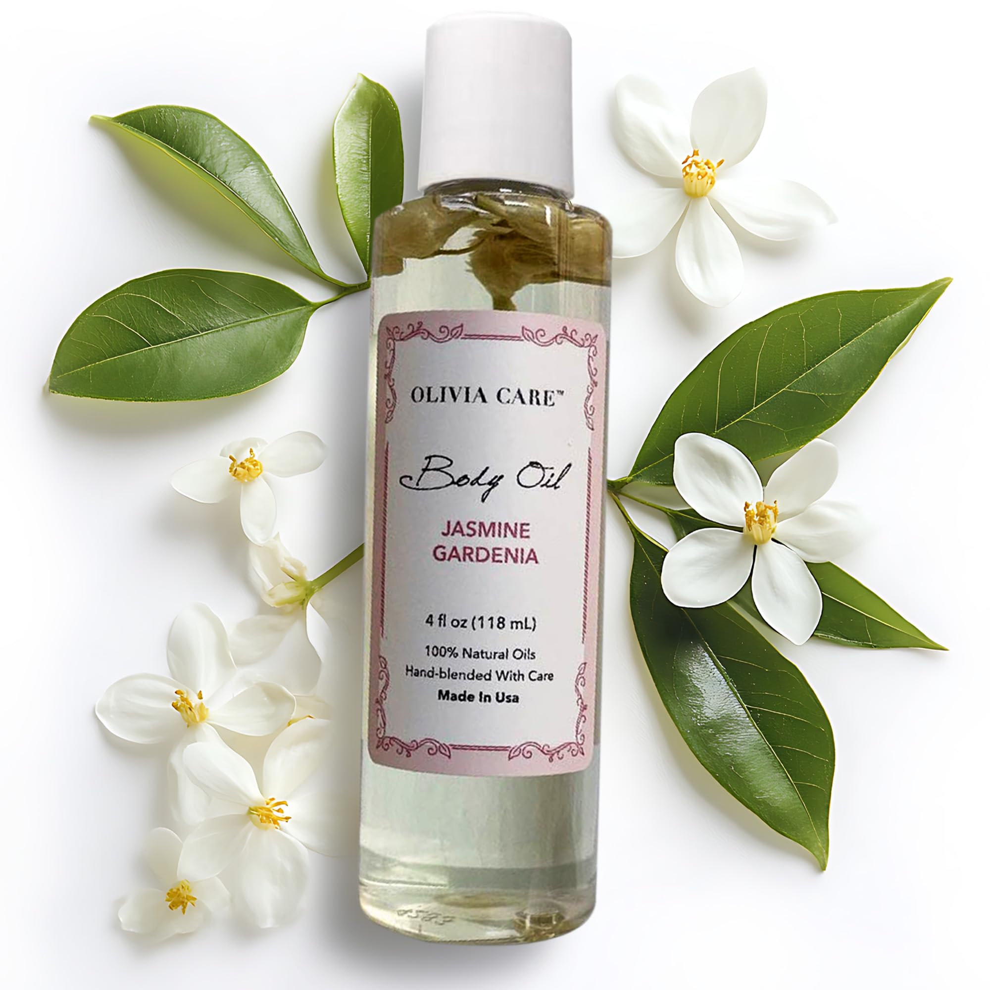 Olivia Care Jasmine Gardenia Body Oil bottle close-up highlighting deep hydration.