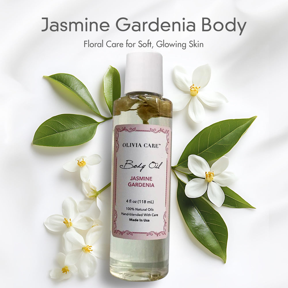 Olivia Care Jasmine Gardenia Body Oil texture close-up signaling fragrance and hydration.