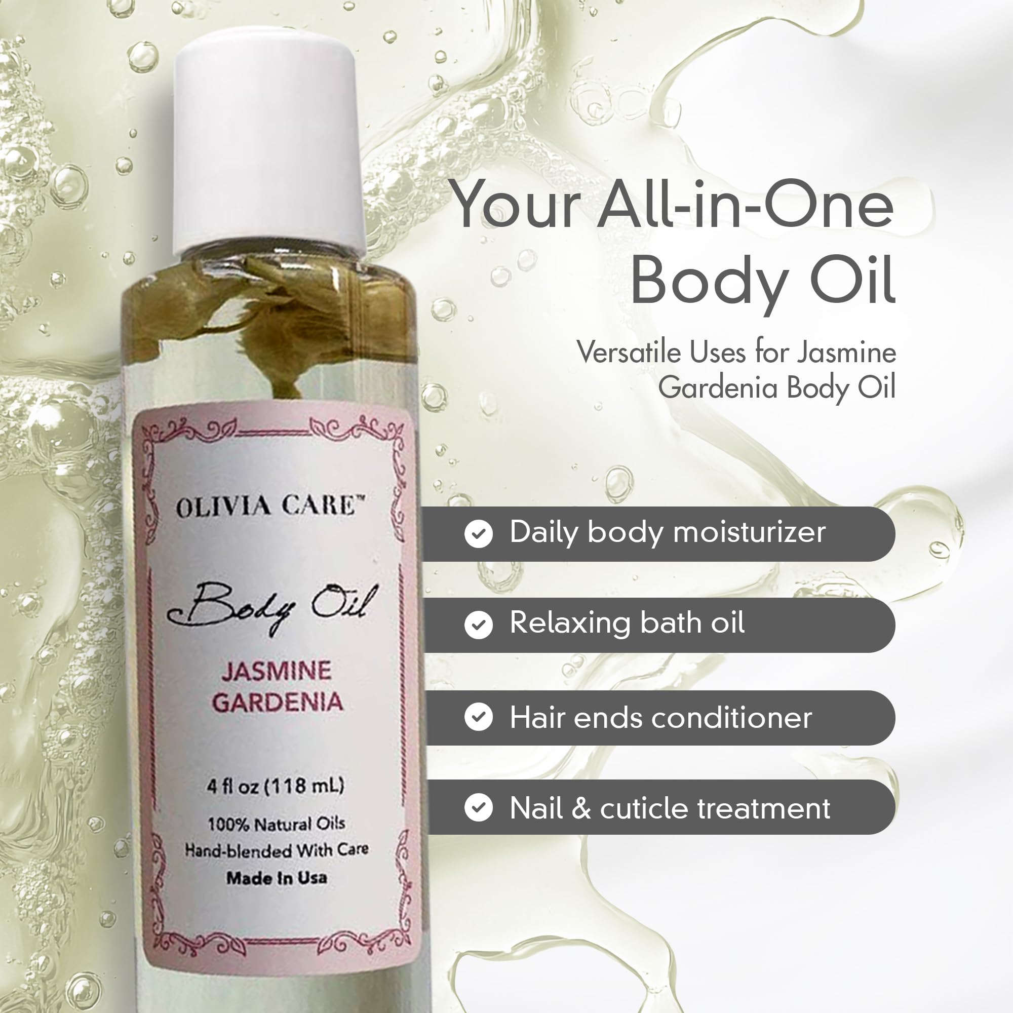 Olivia Care Jasmine Gardenia Body Oil natural, paraben-free formula supports skin health.