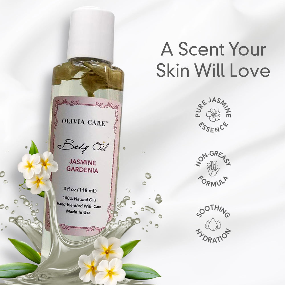 Olivia Care Jasmine Gardenia Body Oil pump dispense shows easy application.