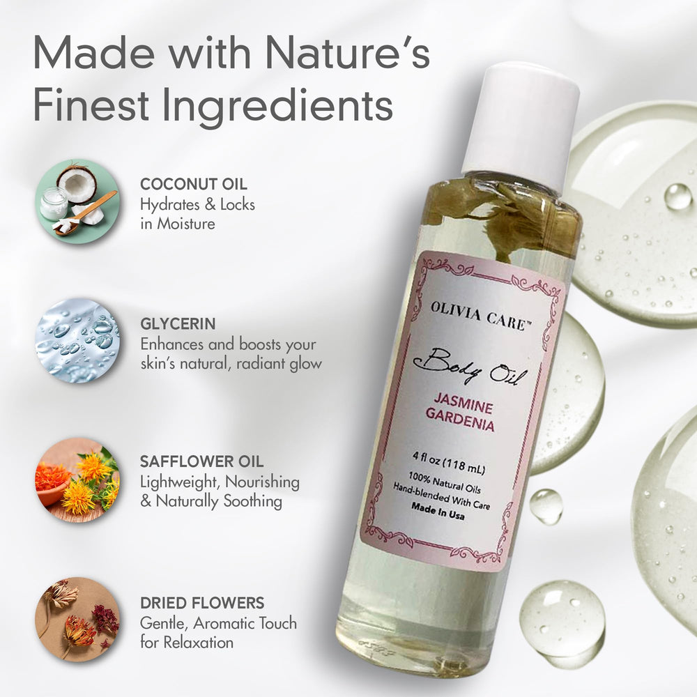 Olivia Care Jasmine Gardenia Body Oil USA-made, cruelty-free formulation.