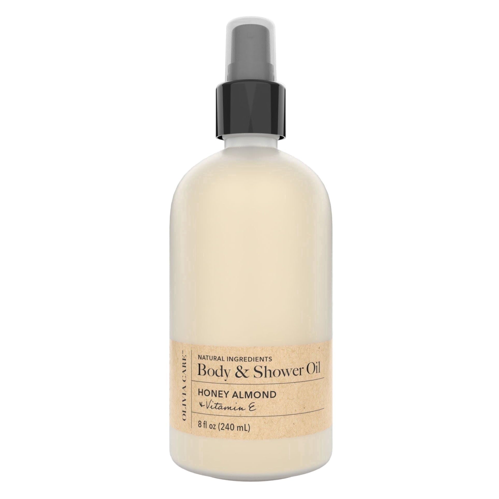 Olivia Care Nourishing Honey Almond Oil bottle showing hydrating formula for all skin types