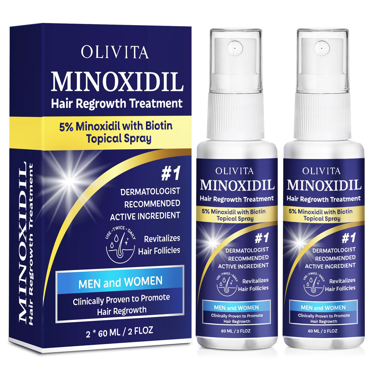 Bouteille OLIVITA Minoxidil Spray prête à l’emploi pour la repousse potentielle des cheveux.