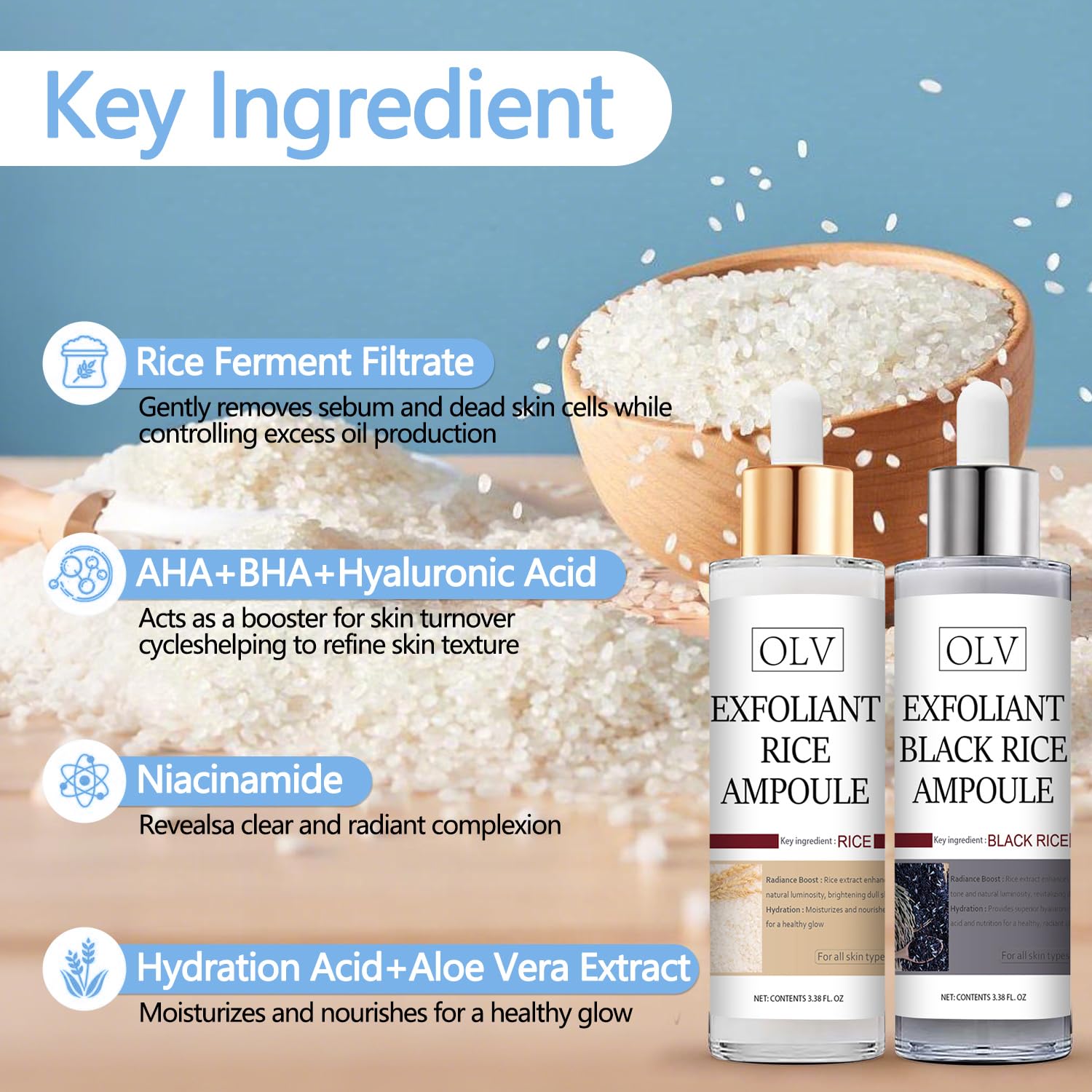 OLV Formule hydratante avec acide hyaluronique et niacinamide pour hydratation et éclat.