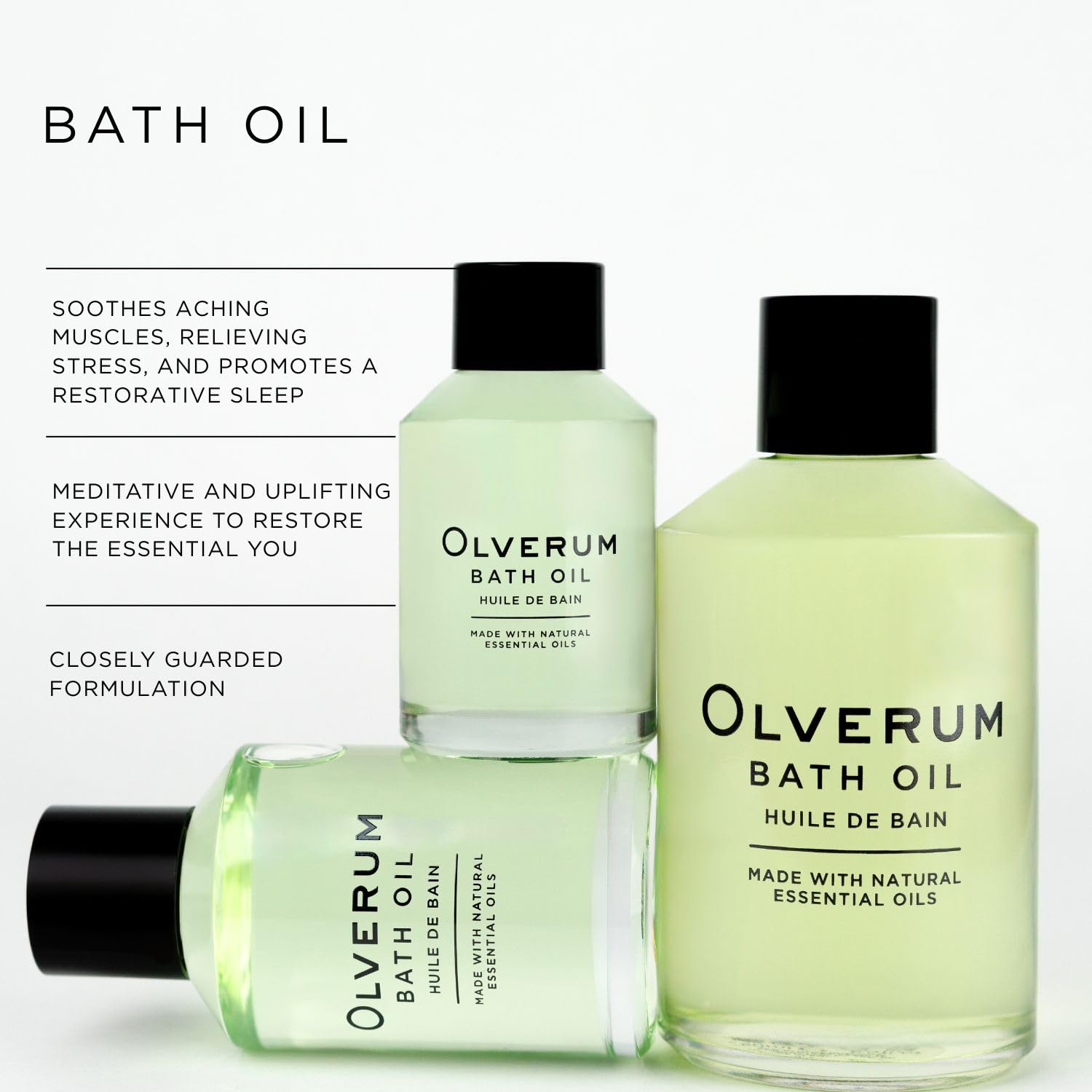 Versement doux d'Olverum huile-bain, texture légère qui enveloppe la peau.