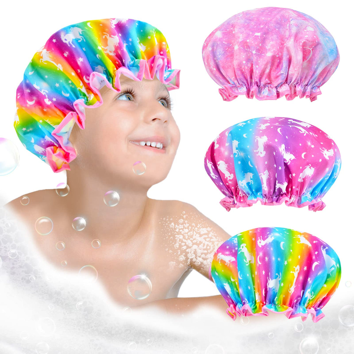 OlyPegic chapeau douche enfant licorne avant, protection des cheveux pendant le bain.