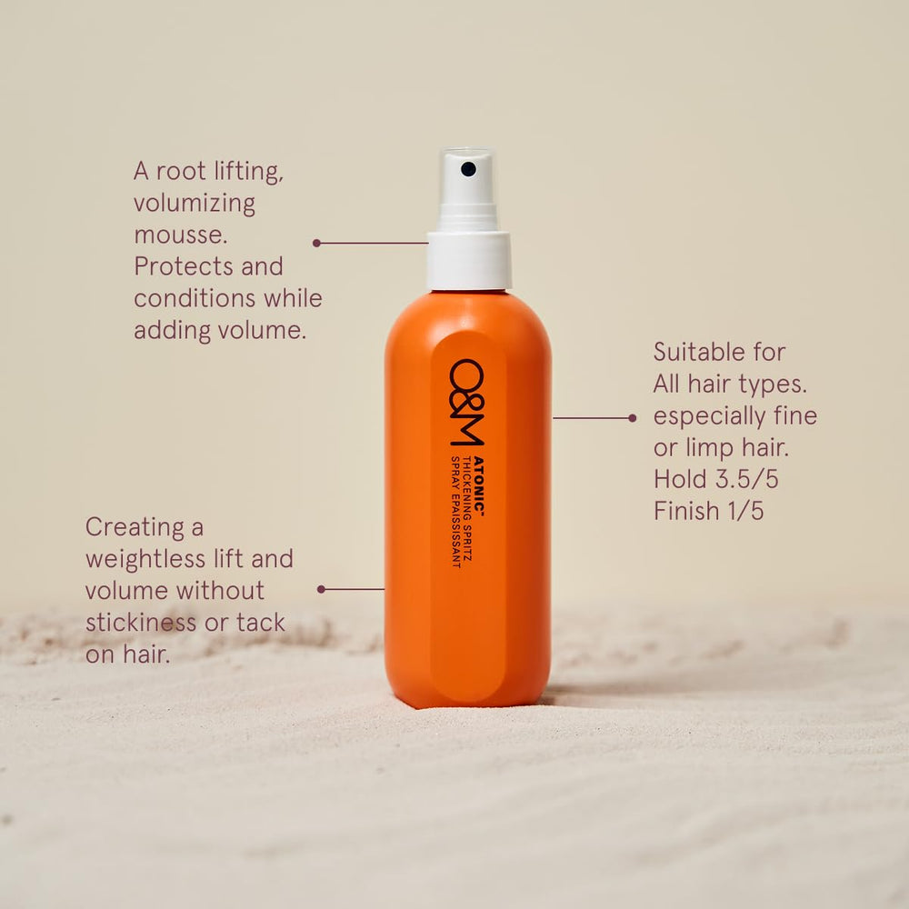O&M Atonic protection chaleur indique efficacité lors du coiffage.