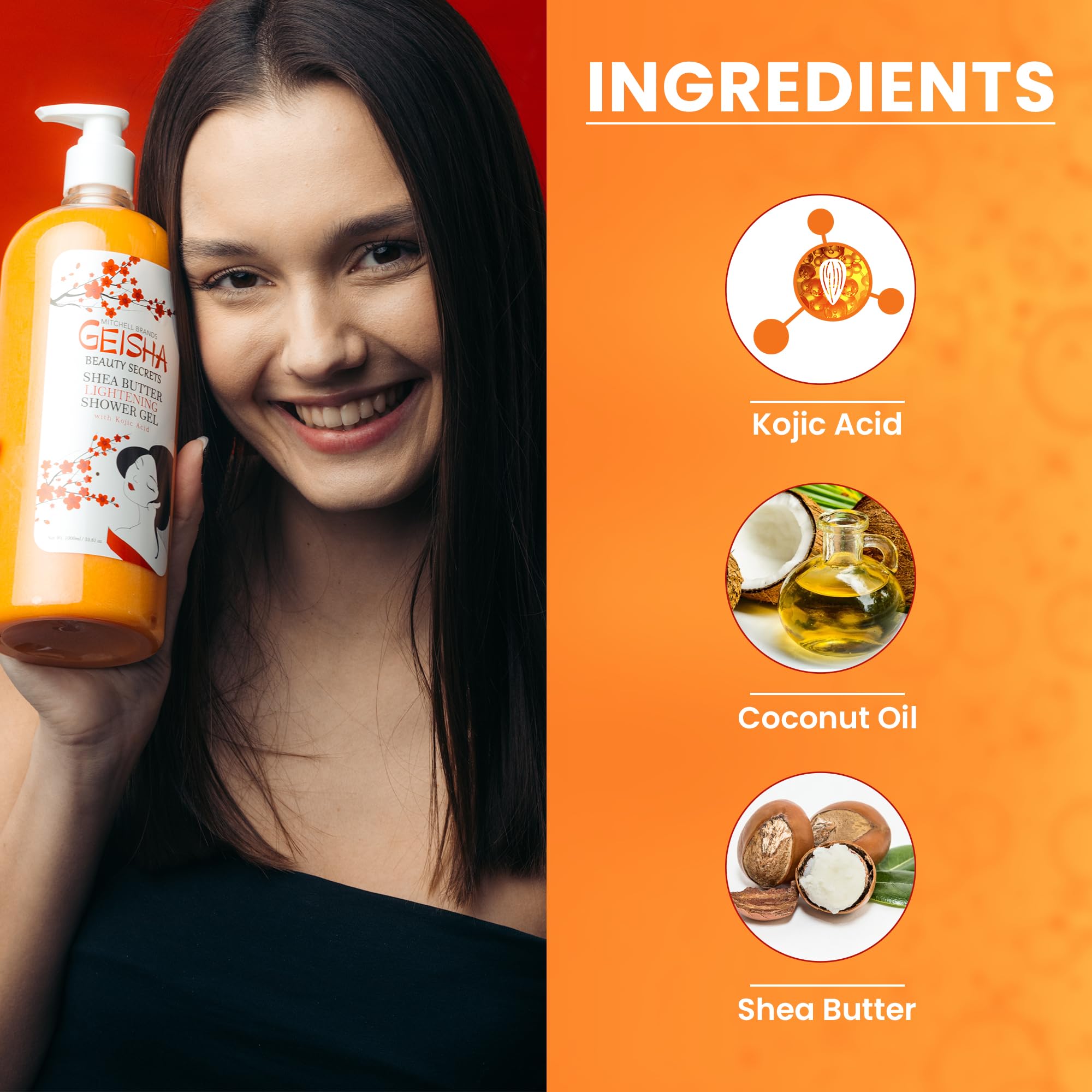OMIC Geisha, détail des ingrédients coco et karité pour une peau nourrie.