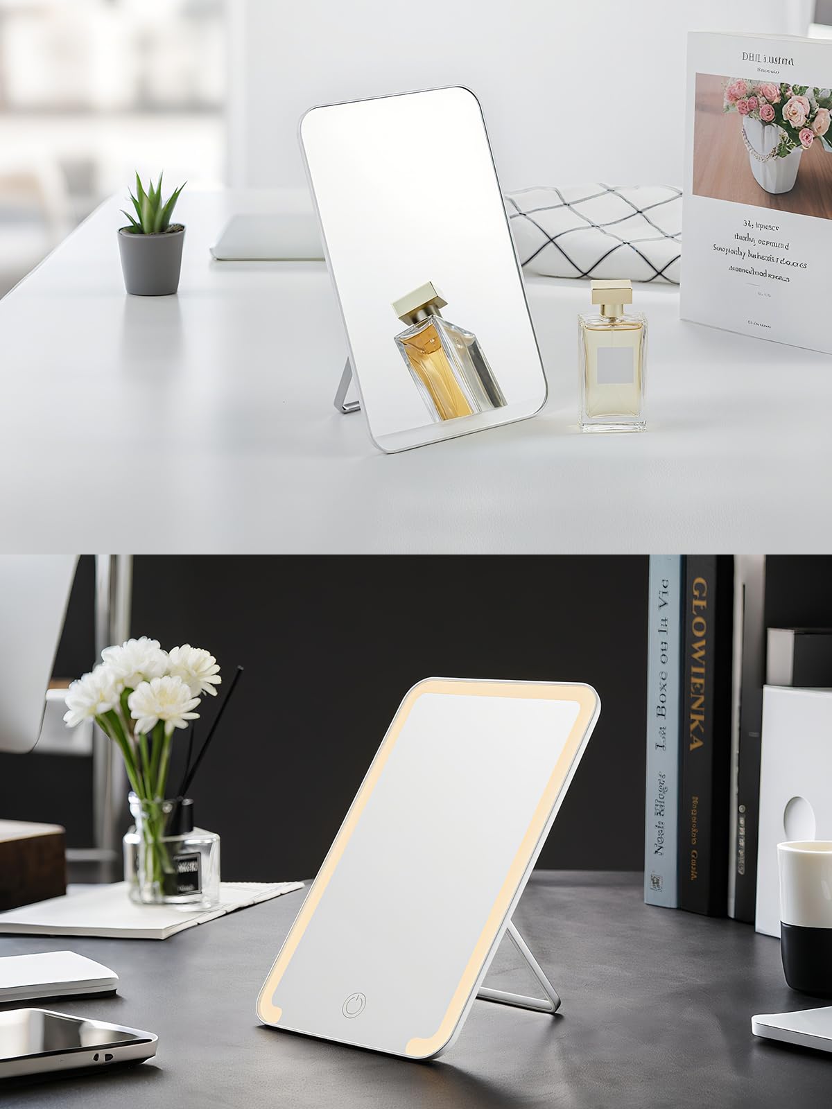 OMIRO miroir de bureau lumineux, éclairage intégré pour maquillage précis.