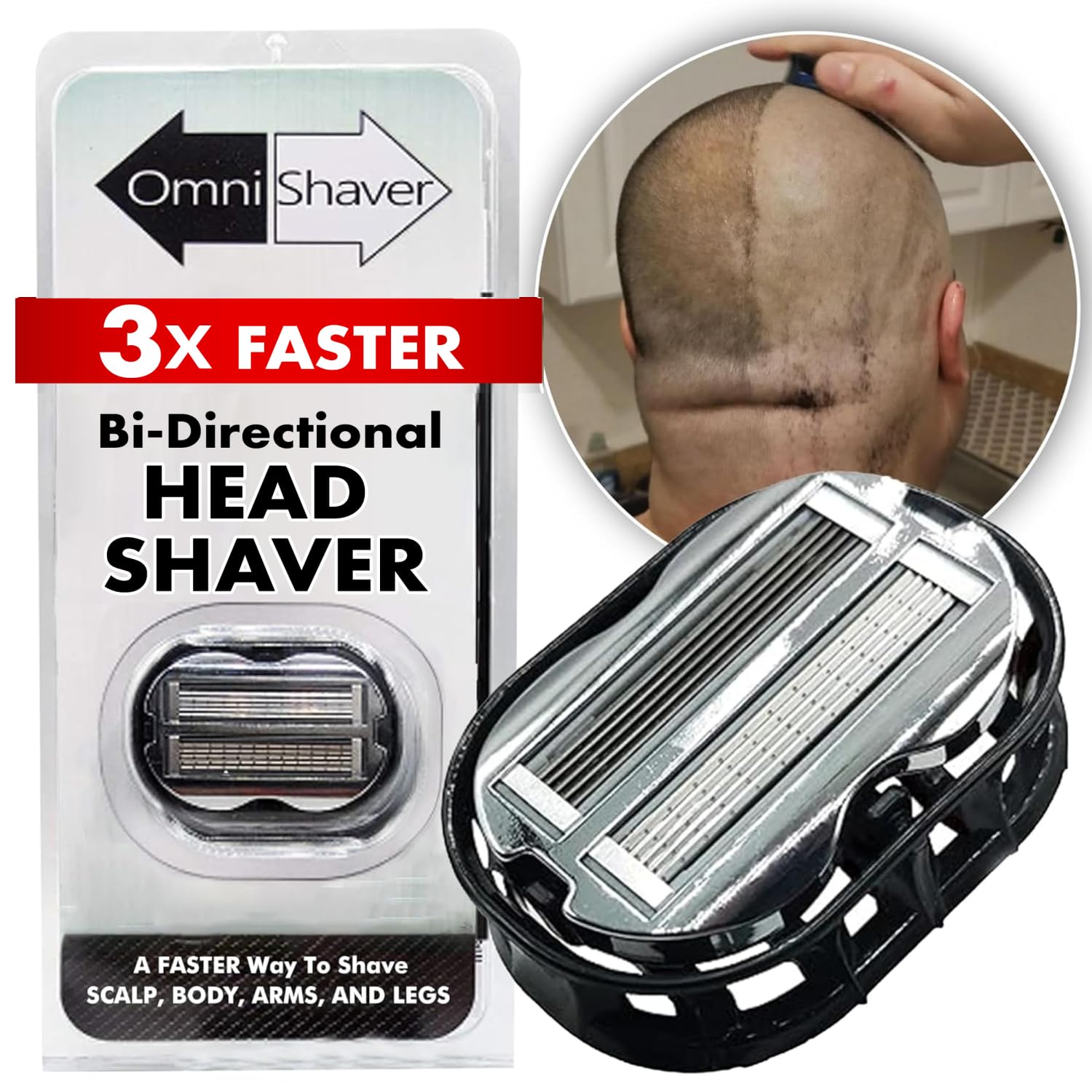 OmniShaver rasoir bi-directionnel Utilisation facile sur tête et corps, résultat rapide.