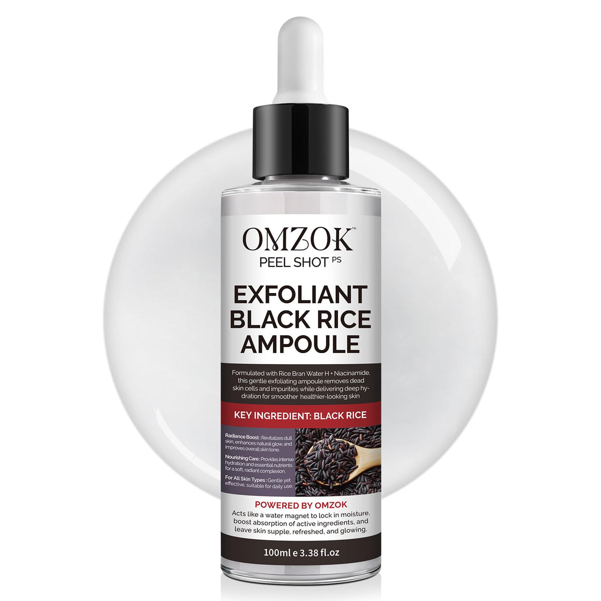 OMZOK Peel Shot Glow Riz Ampoule : bouteille élégante pour un éclat naturel.