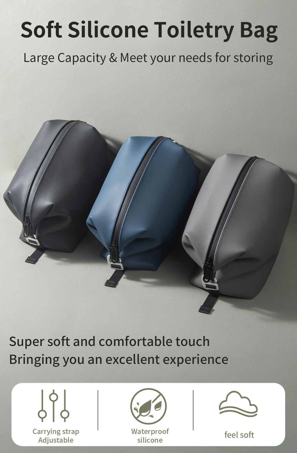 Onbagway trousse toilette silicone noir 6L pleine, organisation efficace des produits.