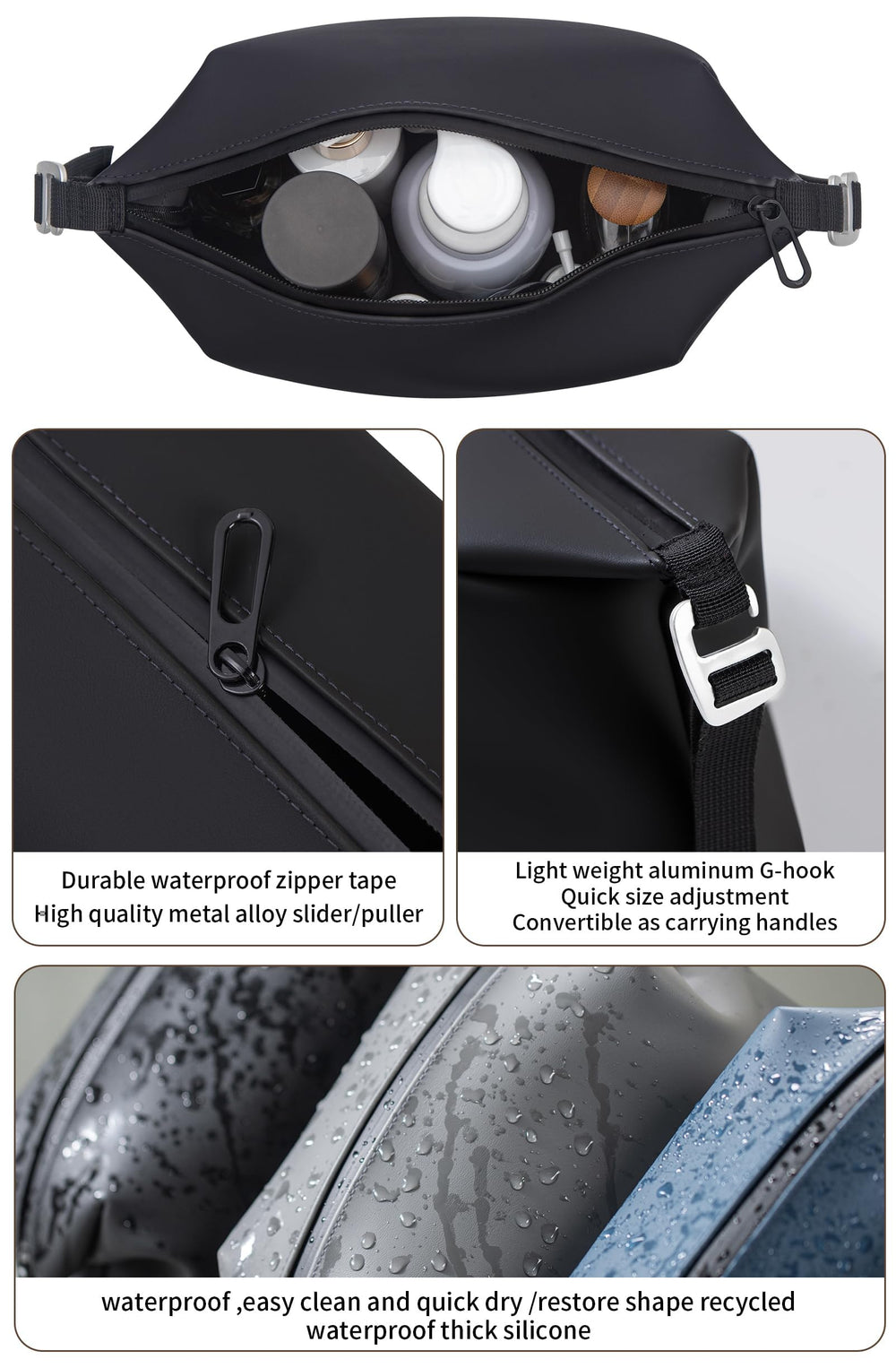 Onbagway trousse toilette silicone noir G-lock pour ajustement sûr en déplacement.