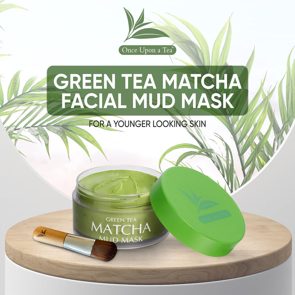 Pot et emballage Once Upon A Tea masque matcha vert pour soins quotidiens.