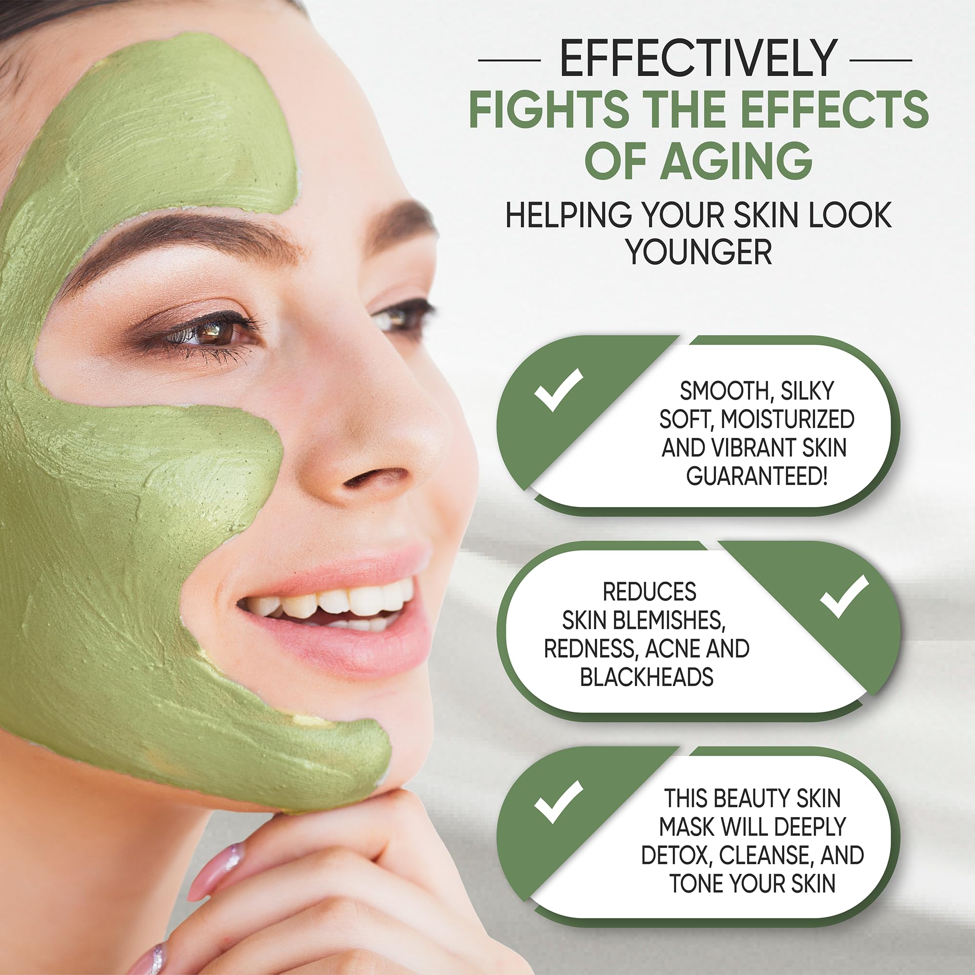 Texture crèmeuse du masque argile matcha thé vert apaise et nettoie.