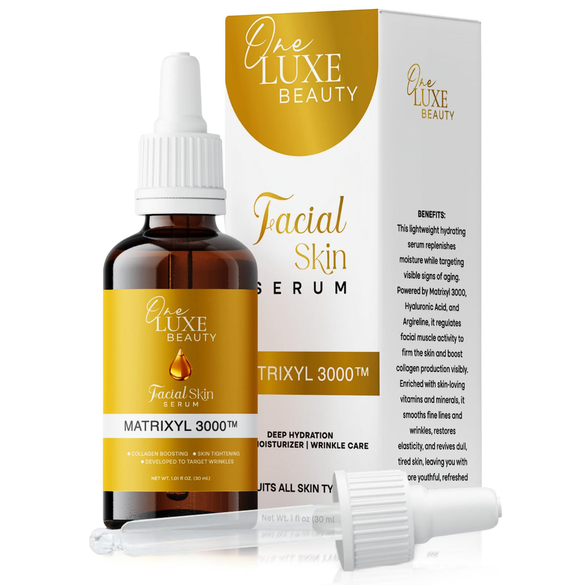 One Luxe Beauty Sérum Matrixyl 3000 – Bouteille : application hydratante et lisante pour la peau