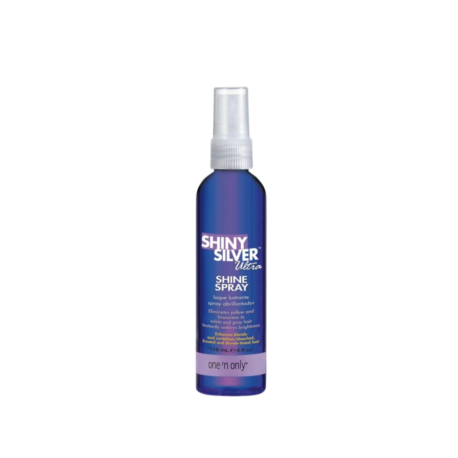 One 'n Only Shiny Silver Ultra Shine Spray – bouteille argentée offrant une brillance éclatante.