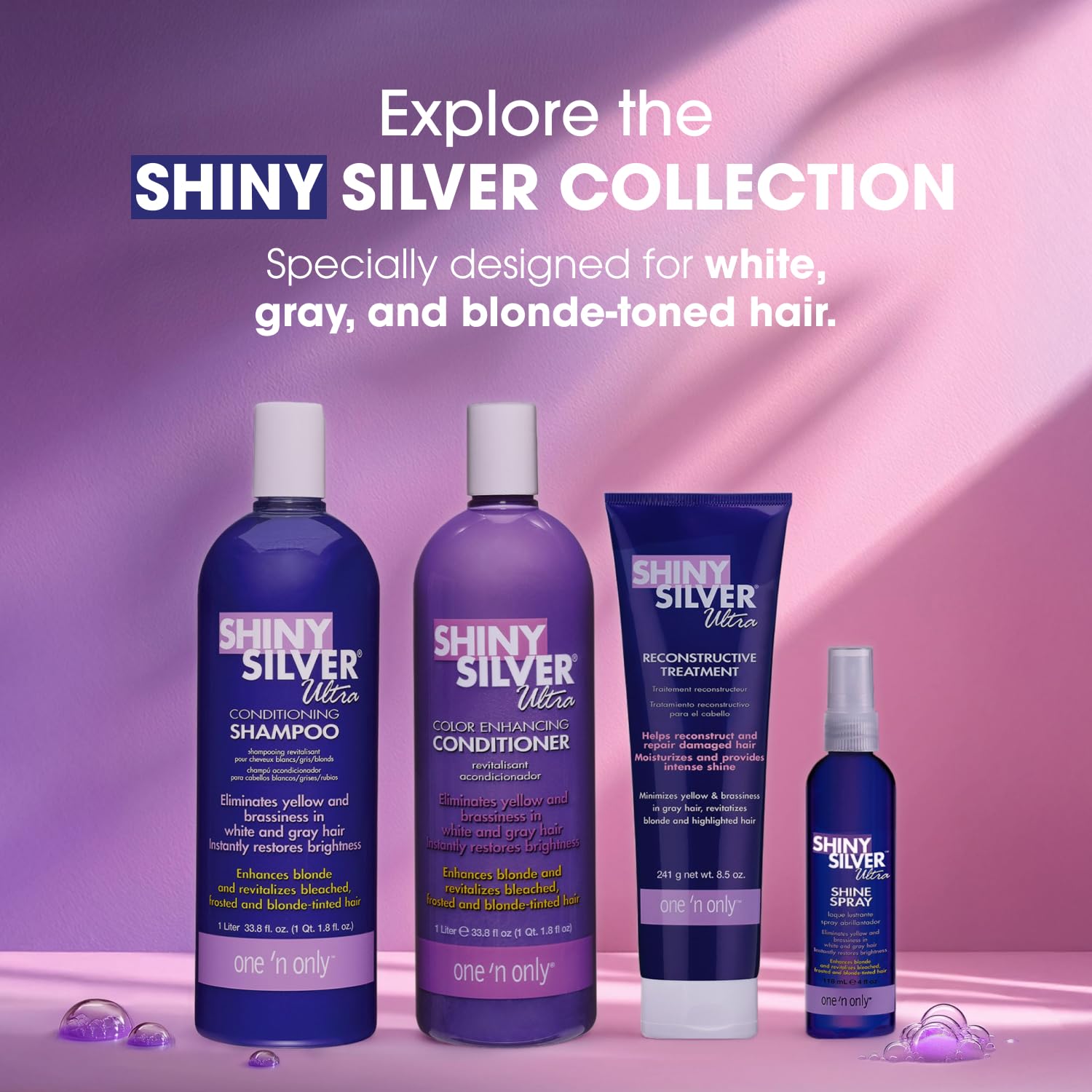 One 'N Only Shiny Silver Purple Shampoo – packaging élégant et bouteille pratique pour l'usage quotidien