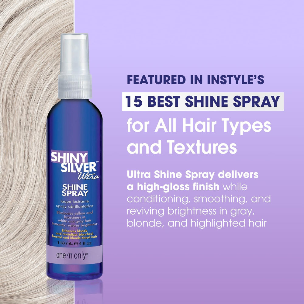 One 'n Only Shiny Silver Ultra Shine Spray – spray violet pour cheveux, neutralisant les reflets jaunes.