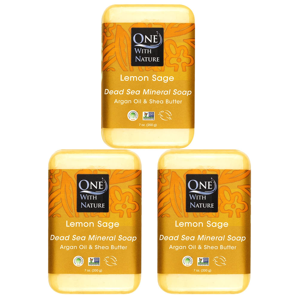 One With Nature Savon Lemon-Sage au sel de la mer Morte, pack 3 barres purifiant et exfoliant.