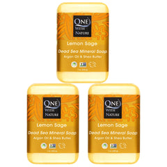 One With Nature Savon Lemon-Sage au sel de la mer Morte, pack 3 barres purifiant et exfoliant.
