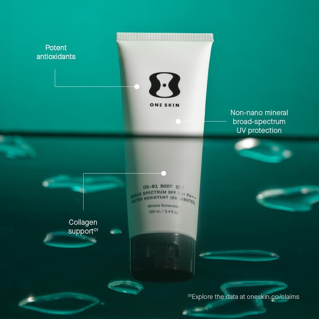 oneskin BODY SPF OS-01, formule non-nano zinc pour une protection sûre et marine-friendly.