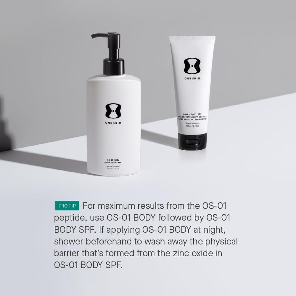 oneskin BODY SPF OS-01, peptide OS-01 ciblant le renouvellement cutané et la longévité.