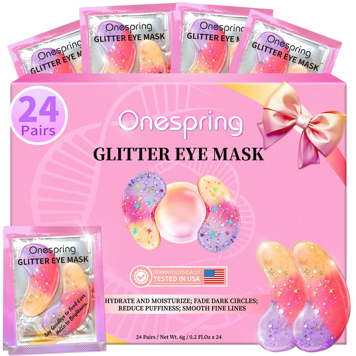 Masques yeux Onespring, emballage rose, soin hydratant et luxueux.