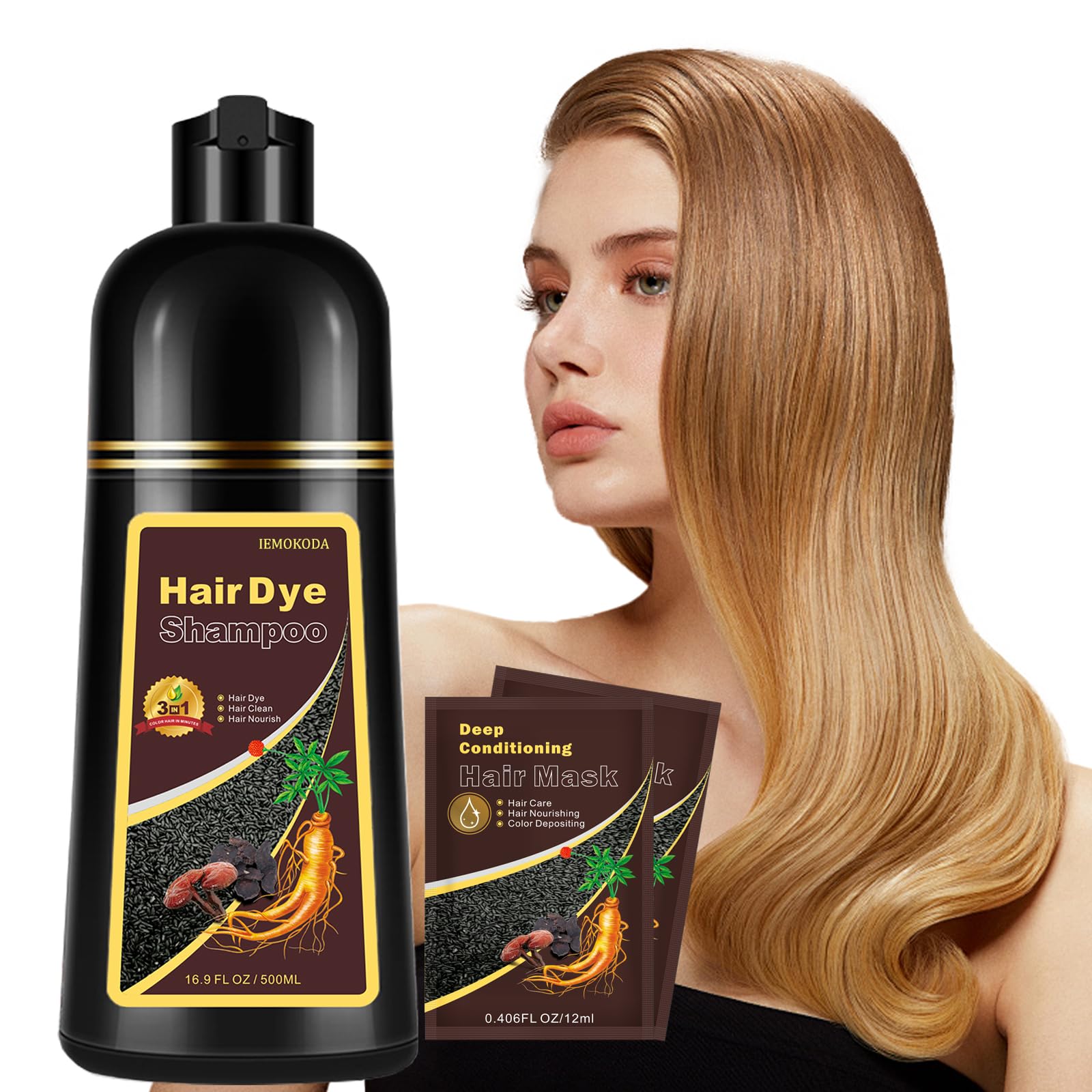 Onilyua shampoing-teinture 3-en-1, bouteille doree, coloration rapide et naturelle.
