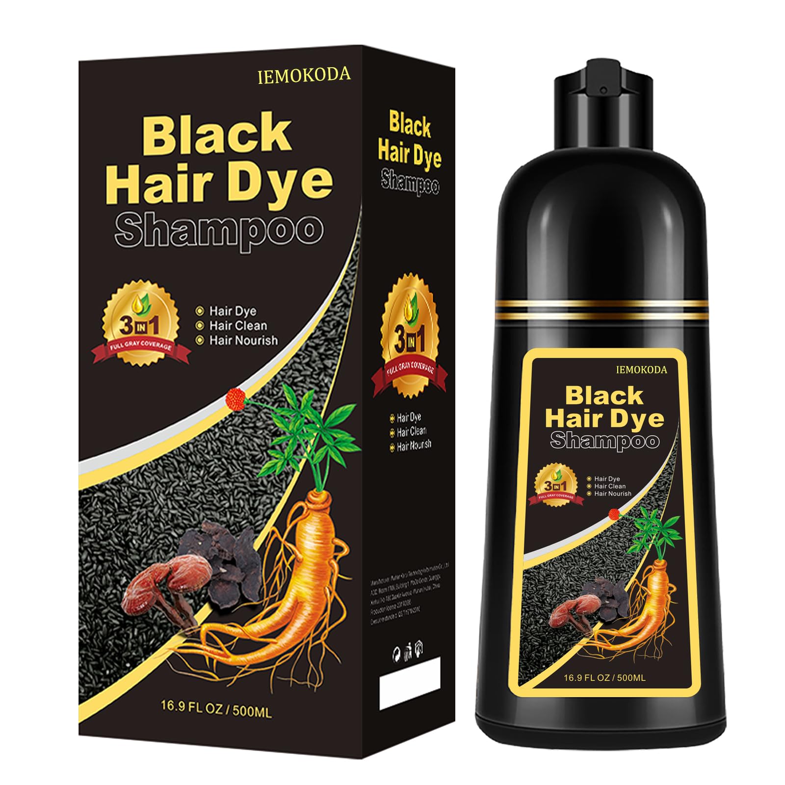 Onilyua shampoing colorant noir avec bouteille, couleur naturelle et tenue longue.