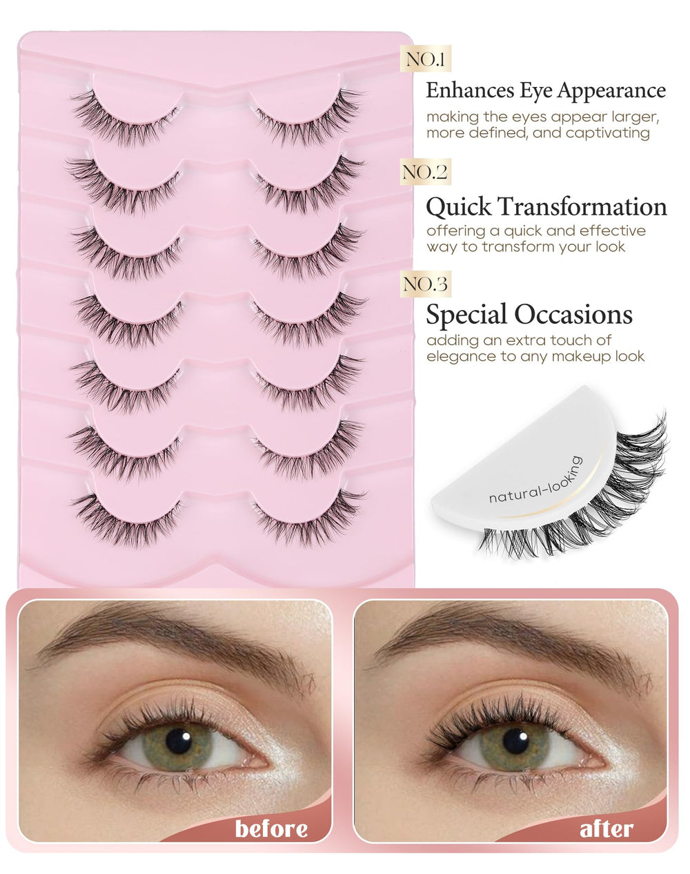 Onlyall Cils Naturels: forme amande pour s'adapter à toutes les morphologies d’yeux.