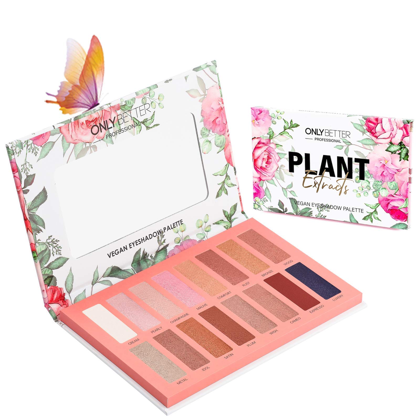 ONLYBETTER vegan nude palette swatches show 16 shades for versatile day-to-night looks.