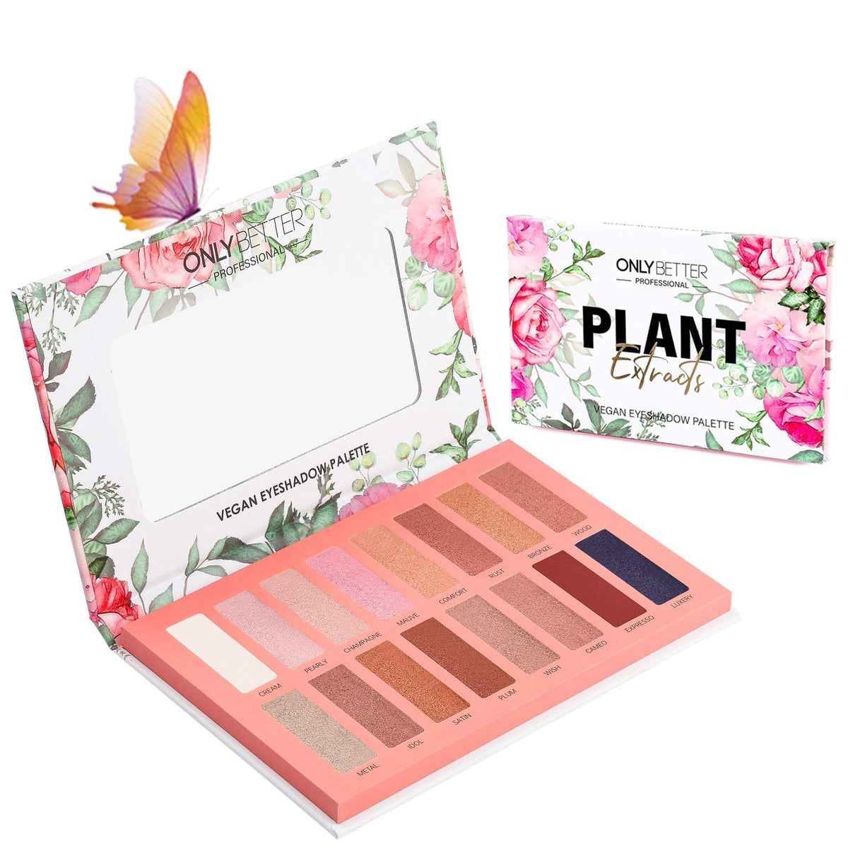 ONLYBETTER vegan nude palette swatches show 16 shades for versatile day-to-night looks.