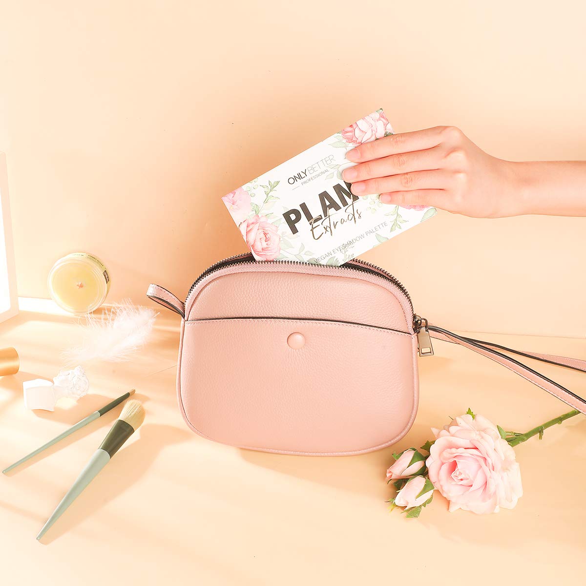 ONLYBETTER vegan nude palette built-in mirror aids quick touch-ups.