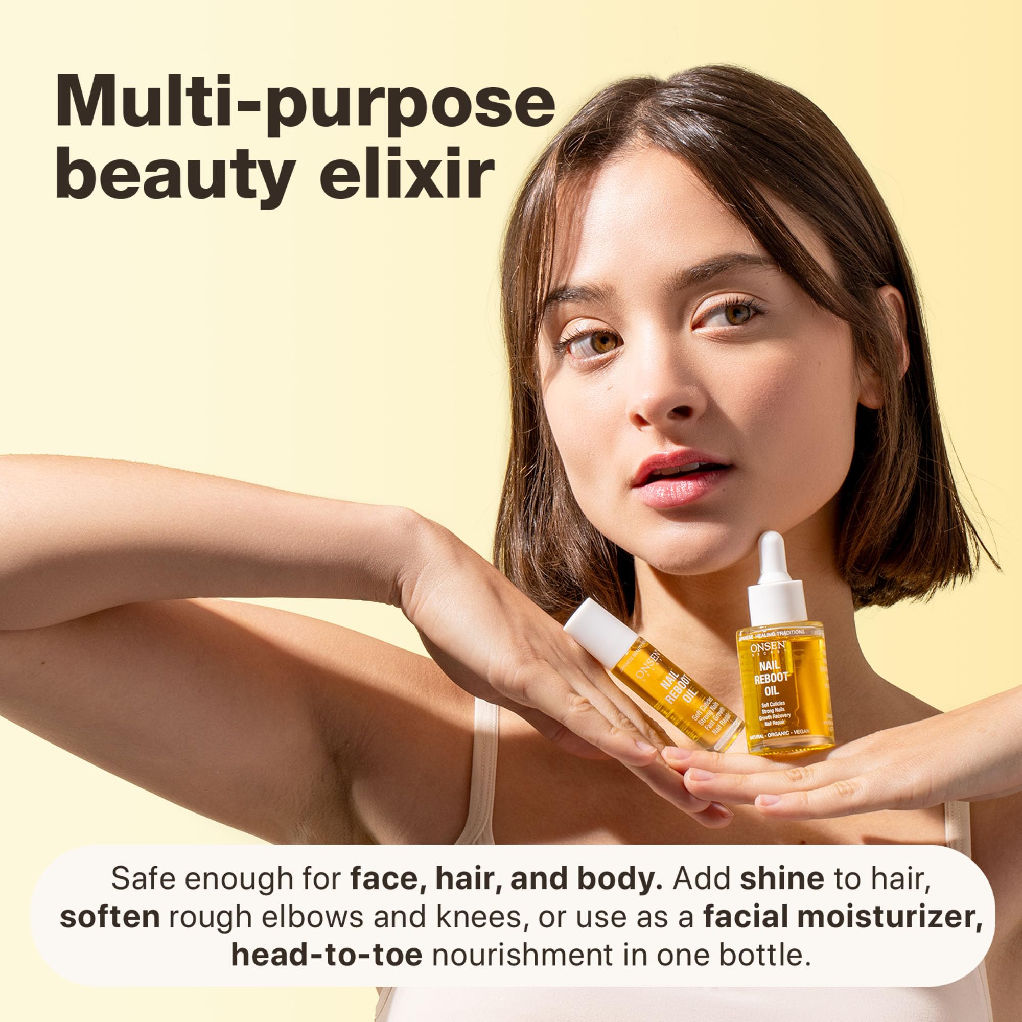 Rituel beauté à domicile avec l'huile Onsen Secret pour ongles.