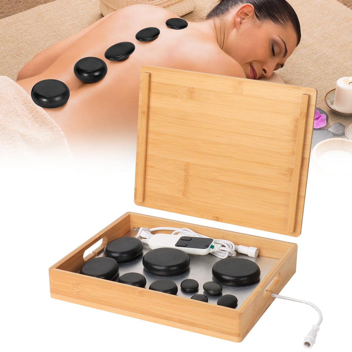 Ensemble OnVisit pierres massage basalte, 10 pièces, pierres lisses et chauffantes pour détente.