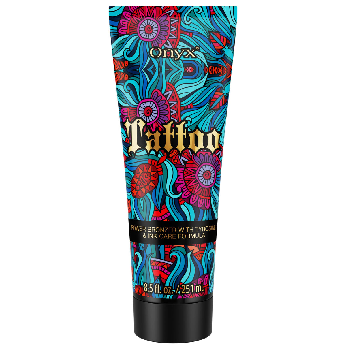 Onyx lotion bronzage sécurisé tatouages – bouteille montrant texture légère et bronzage uniforme.