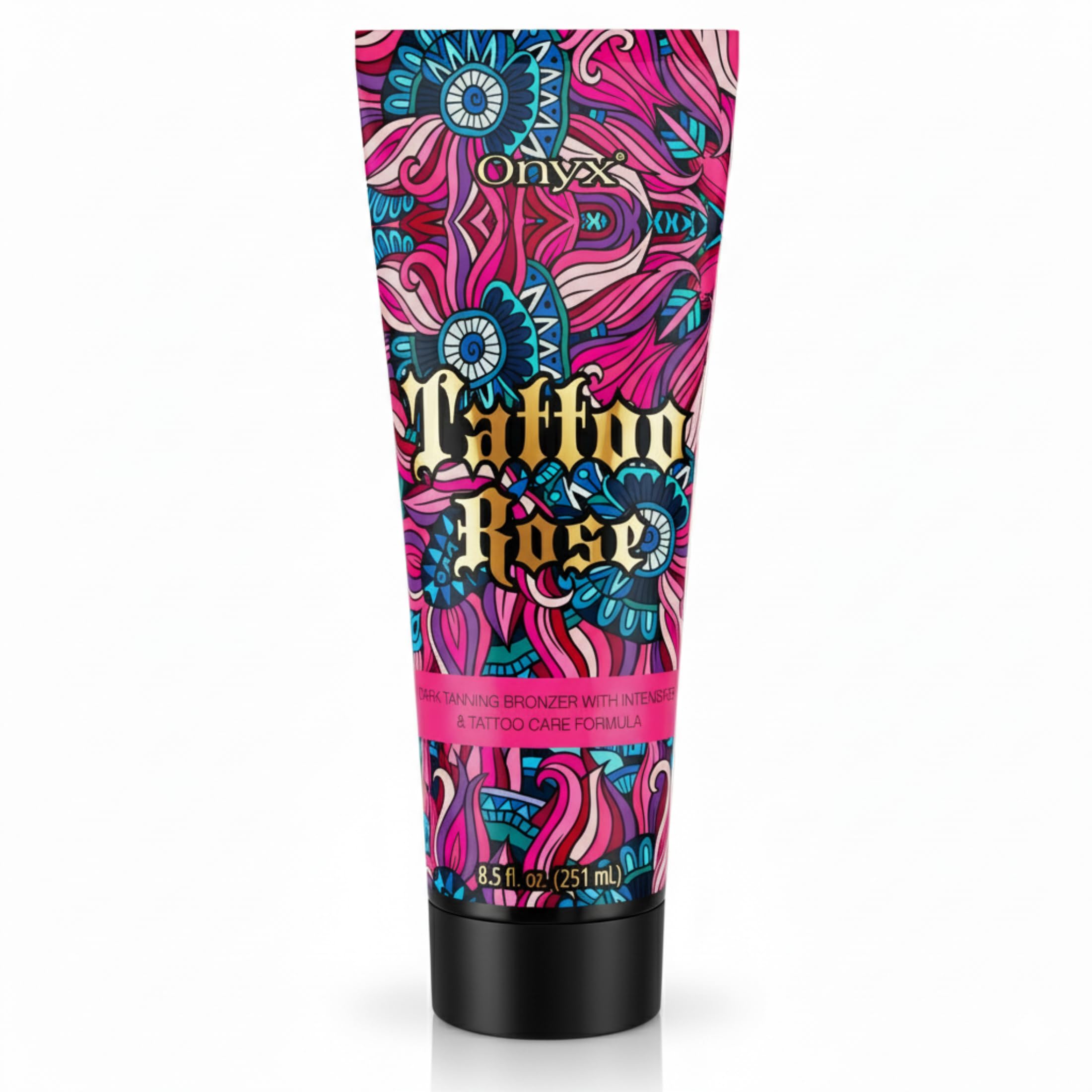 Onyx lotion tatouage sûre, bouteille rose, hydratation légère pour bronzage uniforme.