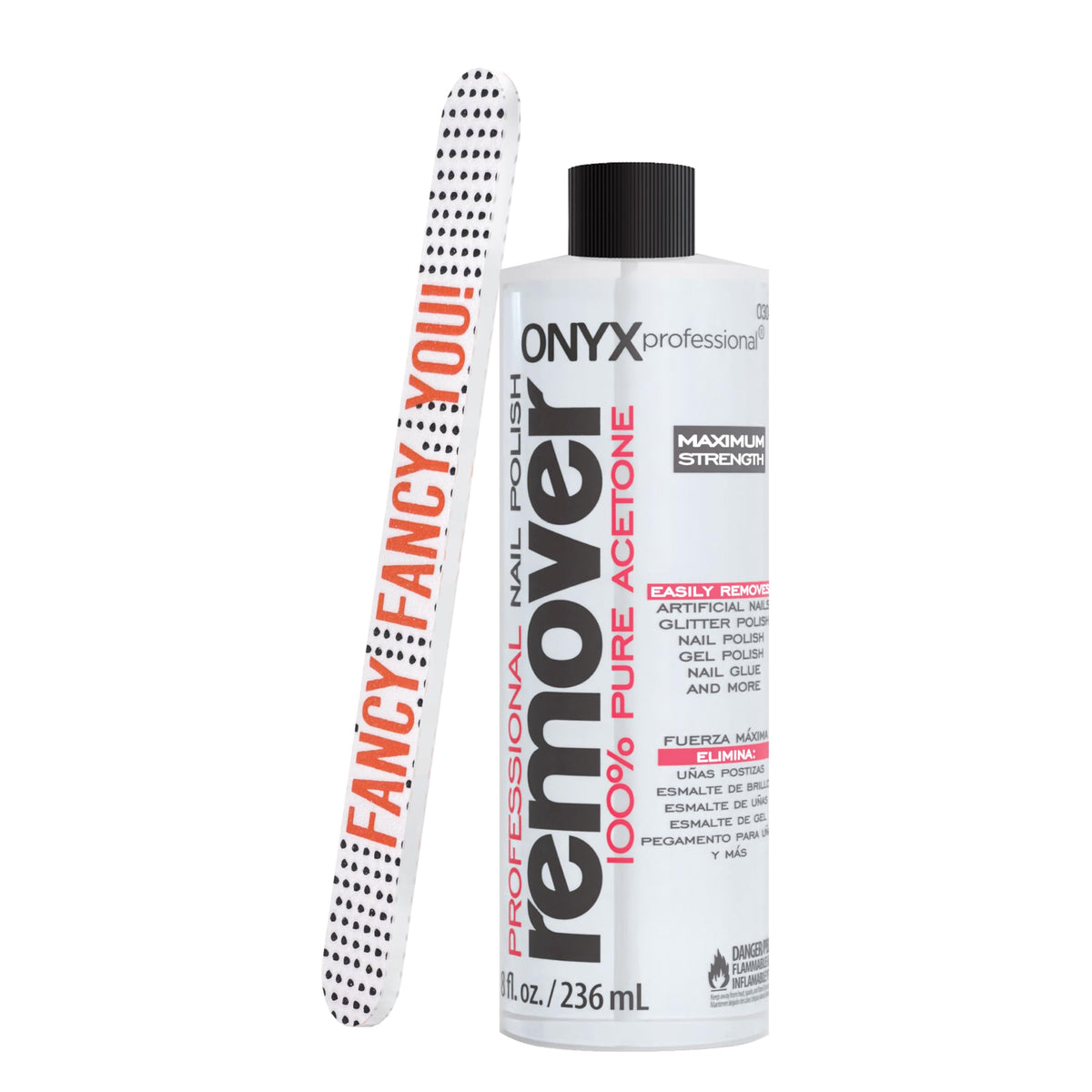 Dissolvant acétone Onyx Professional, bouteille prête pour démaquiller le vernis rapidement.