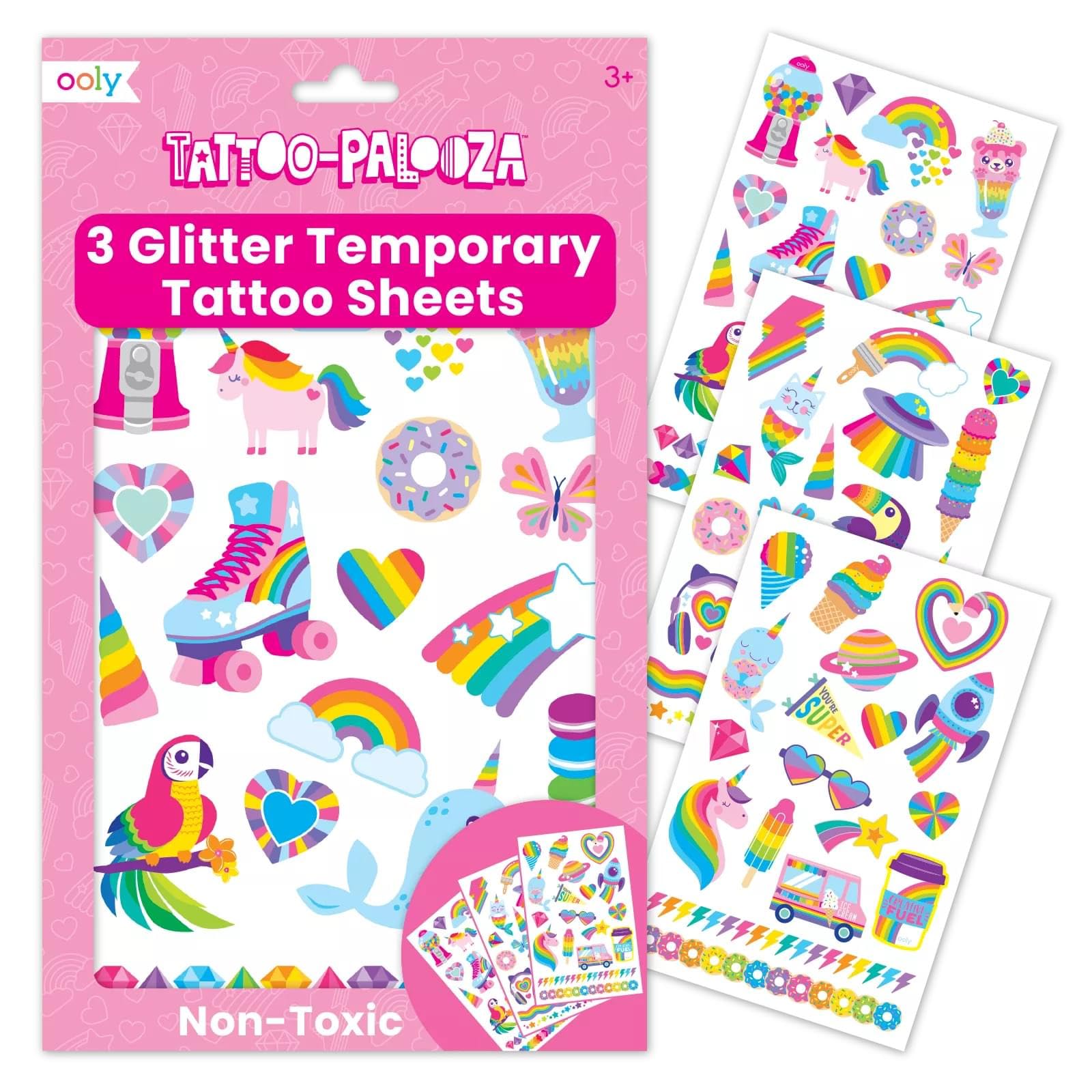 Tatouage temporaire Ooly arc-en-ciel sur peau, idéal pour fêtes d'enfants.