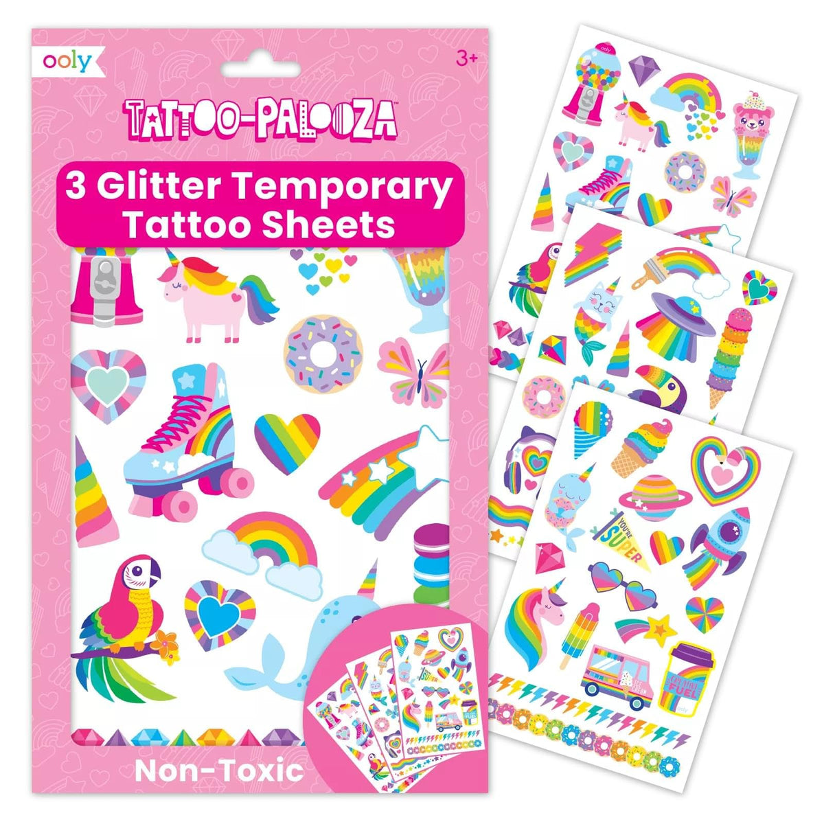 Tatouage temporaire Ooly arc-en-ciel sur peau, idéal pour fêtes d'enfants.