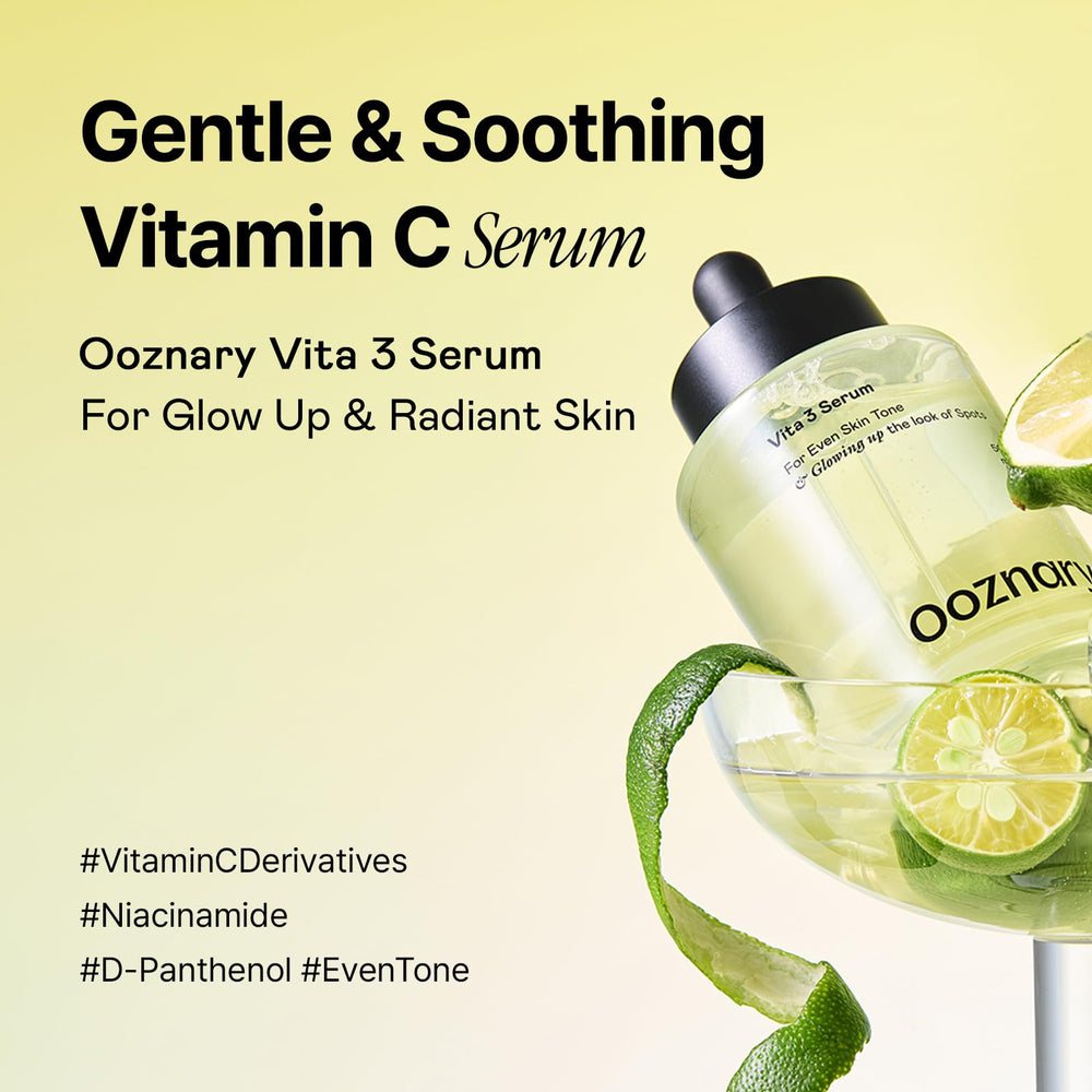 OOZNARY Vita 3 Sérum, etiquette d'emballage élégant pour une routine beauté.